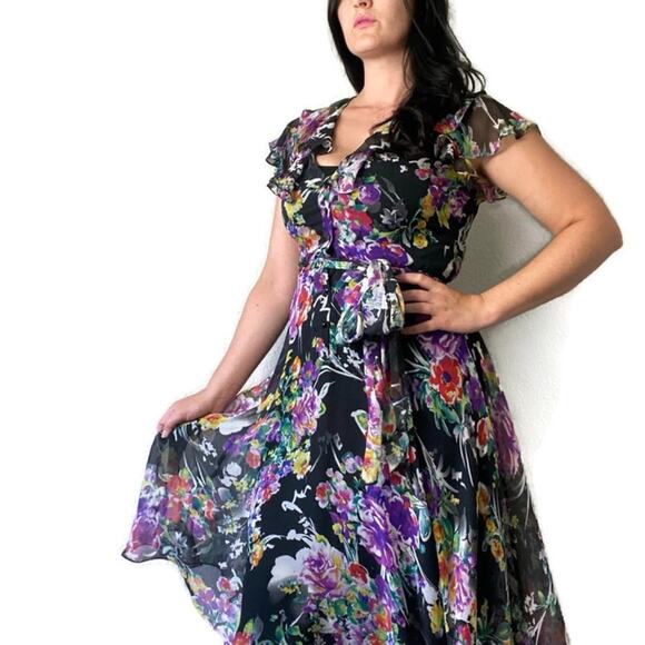 Lauren Ralph Lauren Silk Floral Short Sleeved Midi Dress Size 6 - Picture 1 of 6